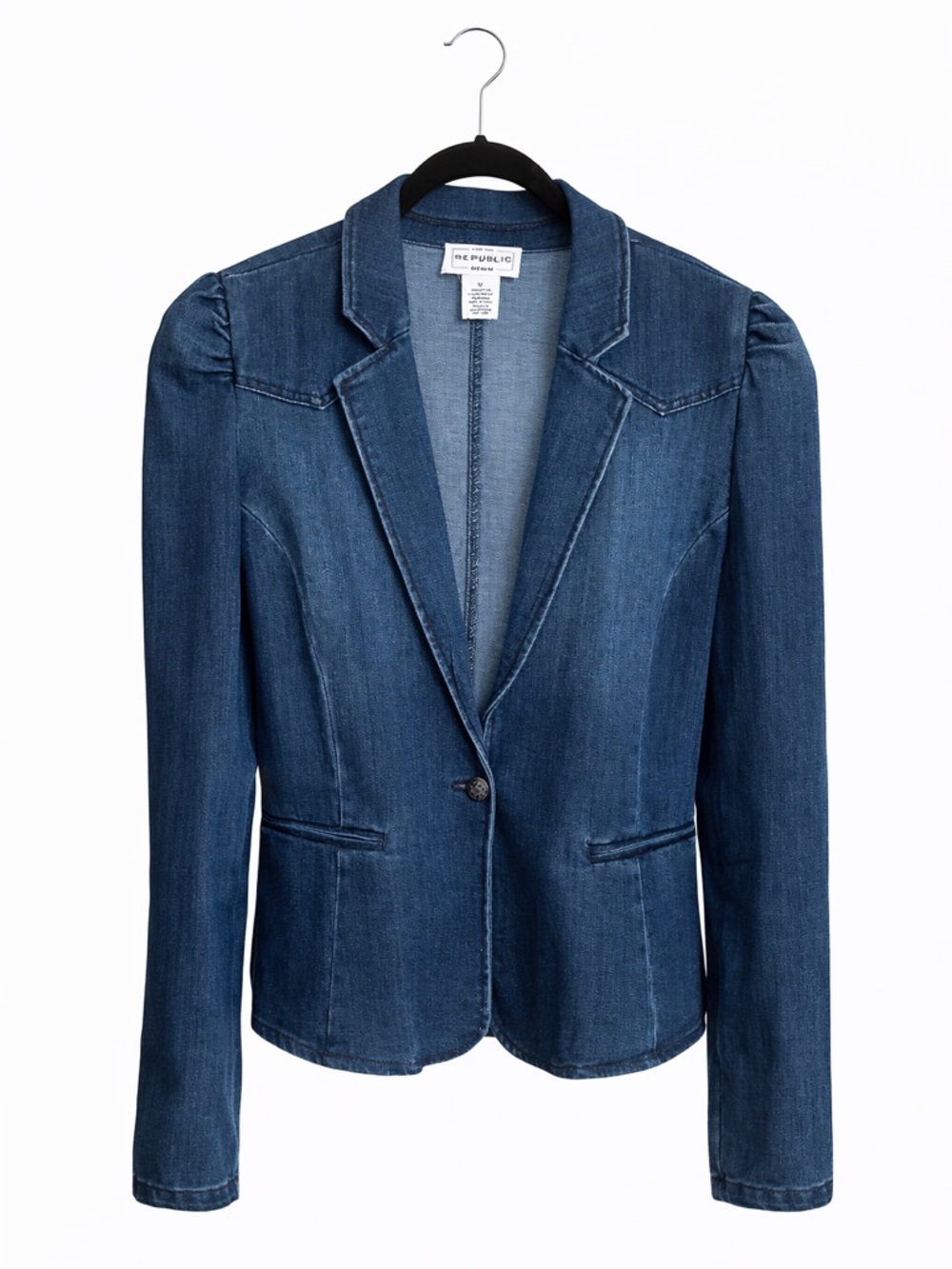 For the Republic Denim Blazer Jacket Puff Sleeve Stretch Blue Size M